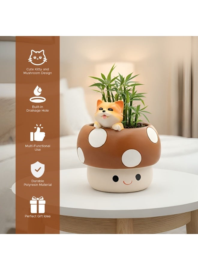 Beram Brown Mushroom Smiling Cat Planter Polyresin Decorative Flower Pot Cute Animal Succulent Holder with Drainage Hole Indoor Outdoor Home Office Desk Decor Pen Pencil HolderKit Gift(Brown-) - Image 2